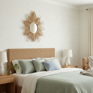 Miroir mural rond bohème en rotin fait main écologique Econa, léger et durable avec bordure encadrée, motif floral décoratif - Product Image 1