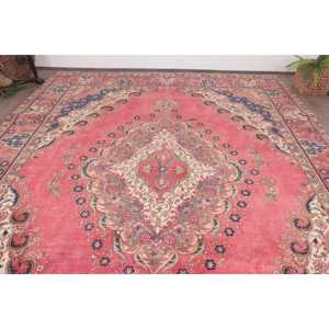 Vintage Turkish Rug, 9.7x12.6 ft Rug, <b>Red</b> Blue Check <b>Wool</b> Rug - Product Image 4