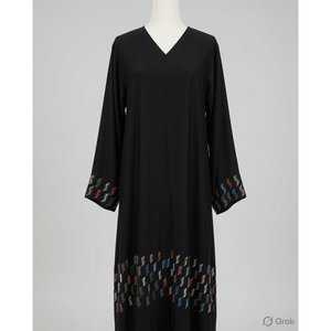 Abaya élégante en viscose noire multicolore ornée de motifs, à manches longues - Product Image 1