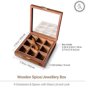 Boîte Masala en bois de cuisine faite à la main conteneurs carrés amovibles couverture épices Dabba boîte à bijoux Condiments stockage Style américain - Product Image 6