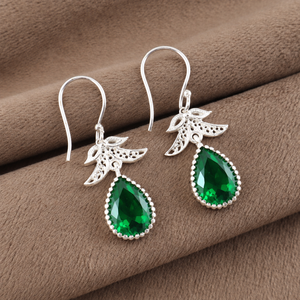 Women’s 925 Sterling Silver Bohemian Drop Earrings Geometric Pattern Green <b>Emerald</b> Bezel <b>Set</b> Handmade Dangle Earrings - Product Image 3