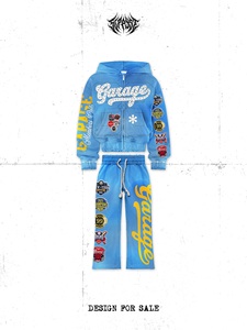 Ensemble sweat à capuche et pantalon pour hommes Garage Members Only, streetwear, zippé, surdimensionné, en polyester tricoté, rouge, bleu, noir - Product Image 3