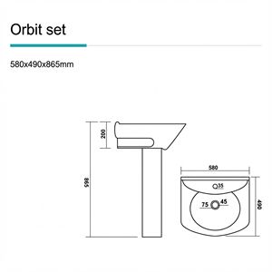 Lavabo Moderno con Pedestal Orbit, Cristalización Totalmente Cerámica Ecológica para Baños de Apartamentos - Product Image 2