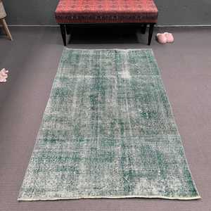 Tapis turc vintage, tapis de 3,8 x 6,2 pieds, tapis en laine vert et blanc à bordures - Product Image 1
