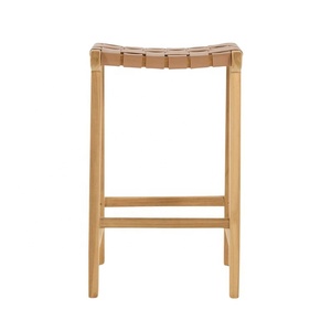 Minimalist Garden Bar Chair <b>Stool</b> Modern Teak Wooden <b>Leather</b> Chair Bar <b>Stool</b> for Outdoor Restaurant Bar Coffee Shop Furniture - Product Image 3