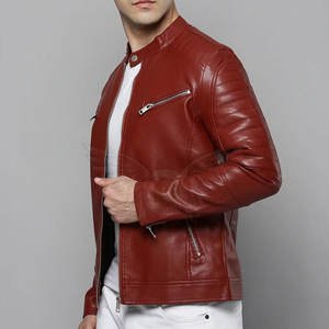 La chaqueta de cuero con cuello levantado a la moda para hombre más vendida, cuero genuino de alta durabilidad, diseño OEM personalizado, forro polar transpirable - Product Image 2