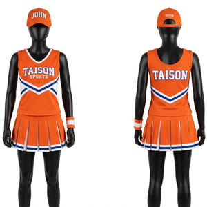 Uniforme de cheerleading en polyester et élasthanne 220 GSM, orange, avec panneaux chevron blancs et bleus, logo en twill. - Product Image 1