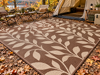 Tapis de camping tissé en polypropylène Leaf Trail, résistant à l'humidité, avec envers enduit de PVC, à poils ras, marron crème, pour plage et extérieur