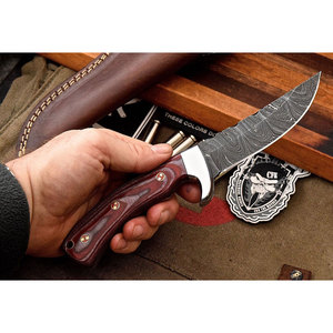Cuchillo de caza de acero Damasco de grado Industrial hecho a mano OEM mango de madera Funda de cuero puro hoja fija DIY entusiastas Camping - Product Image 2