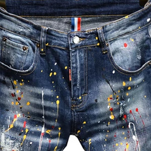 Venta al por mayor nueva moda Slim Fit Jeans desgastados para los hombres logotipo personalizado estilo acampanado cintura media patrón de leopardo Denim cintura elástica - Product Image 2