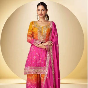 Costumes Salwar de créateur imprimés numériquement modernes en chinon avec plazzo assorti pour les occasions de fête au prix de gros - Product Image 1