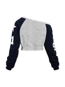 Sudadera Corta Gris Marino para Mujer, Lavado Ácido, Estampado Jacquard, Hombros Descubiertos, Dos Tonos, Felpa, Algodón Suave, Estilo Urbano - Product Image 2