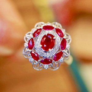 Fleur romantique Design Gold-Filled Women's 925 Sterling Silver Ruby Glass Filled Stone ovale cut Ring Engagement Anniversary gift - Product Image 1