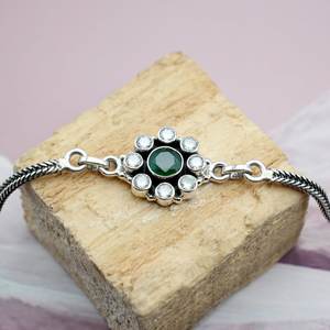 925 Sterling <b>Silver</b> Fine <b>Beaded</b> <b>Bracelet</b> Natural Green Onyx CZ Gemstone Gold Plated Floral Design Adjustable Wedding BR0035-GS - Product Image 2