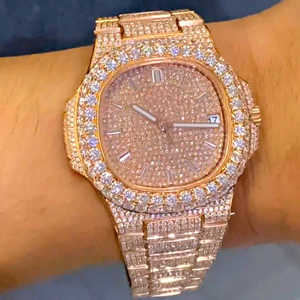 นาฬิกาข้อมือคุณภาพสูงนาฬิกา Moissanite, VVS คุณภาพหินแก้วหรูหราผู้ชายสแตนเลสสีขาวสแควร์รอบ - Product Image 4