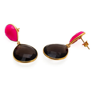 Boucles d'oreilles en forme de poire en argent Sterling 925, topaze fumée et calcédoine Fuchsia - Product Image 2