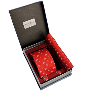 <b>Red</b> White Crescent Star Turkish Flag Tie Pocket Square <b>Cufflink</b> Set in a Gift Box Made of PU Leather for Groom Wear - Product Image 2