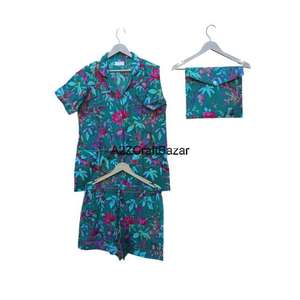 Ensemble de pyjama court pour femmes à motif floral imprimé à la main 100% coton pur Doux Fermeture à cordon de serrage Vêtement de nuit d'été - Product Image 5