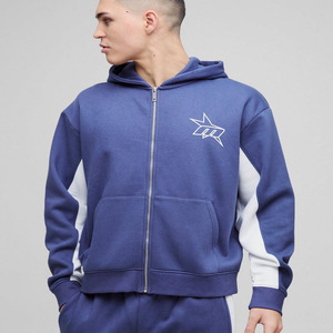 Hot Selling Custom Logo <b>Navy</b> Oversized Boxy Fit Homme Star Panelled Zip Through Hoodi for Men Cotton Blended New Design Hoodies - Product Image 1