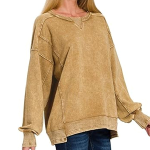 Sweat-shirt personnalisé vintage pour femme en coton/polyester polaire uni de haute qualité, avec logo brodé effet délavé soleil, col rond vieilli et fini acide - Product Image 5