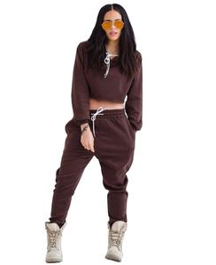 ชุดวอร์มลำลองสำหรับผู้หญิง เสื้อครอปมีฮู้ดพร้อมกางเกงขายาวพิมพ์ลายสีพื้น ผ้าฝ้าย 100% ระบายอากาศได้ดี - Product Image 2