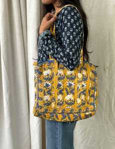 Cotton Hand Block Printed Quilted Tote <b>Bags</b>, Traditional Indian Tote <b>Bags</b>, Handcrafted Tote <b>Bags</b> with Hand Block Prints Tote <b>Bag</b> - Product Image 5
