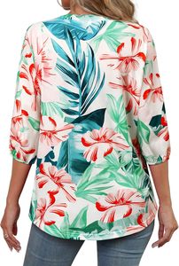 Blouses florales à manches 3/4 pour femmes hauts tuniques tissés avec couches plissées en maille court décontracté coupe ample Style doux Design respirant - Product Image 4