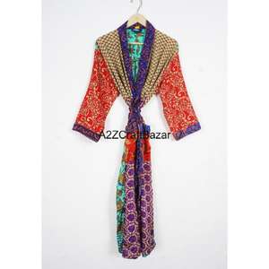 Bata Bohemia de Sari de Seda 100% Hecha a Mano para Mujer, con Parches, Cuello en V, Cordón Ajustable, Manga Larga, Suave, para Otoño y Verano - Product Image 1