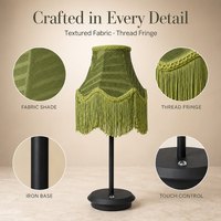 Lampe de chevet élégante sans fil avec abat-jour en tissu vert à pompons pour hôtel boutique, restaurant et décoration intérieure