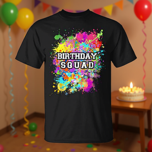 T-Shirt Promozionale Coordinata per Feste di Compleanno con Schizzi di Vernice - Edizione Squad di Compleanno - Product Image 3