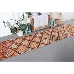 2.8x10.7 ft Kilim Vintage Rug, <b>Brown</b> Polka dot Turkish Rug <b>Wool</b> - Product Image 4