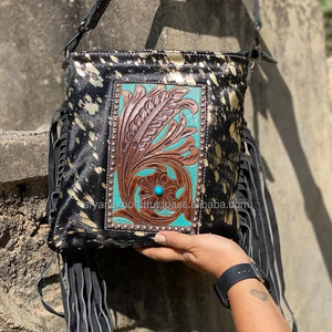 High Quality Hair on Metallic Hand Tooled Leather Fringe Crossbody Bag for Women Custom Genuine Cowhide Leather Shoulder <b>Handbag</b> - Product Image 4