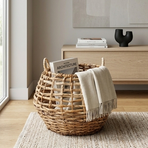 Natural Hand Woven Banana Bark <b>Storage</b> <b>Basket</b> Open Grid Knit <b>Mesh</b> Belly Pot Planter Arch Handle Pure Art Room Setup Decor Craft - Product Image 5
