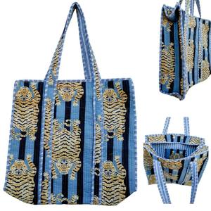 HIgh Quality Customised Affordable Chic Blue <b>Black</b> Tiger Stripe Quilted Tote Bag - Sustainable Everyday Fashion Tote - Product Image 2