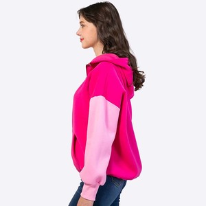 Sweatshirts à capuche roses décontractés en molleton de coton sans cordon avec demi-fermeture éclair deux tons personnalisés pour femmes - Product Image 5