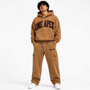 Survêtement cargo à capuche pour homme ONEAPEX SPORTS WEAR, couleur camel, coton lourd de qualité supérieure, coupe régulière, respirant, séchage rapide, été - Product Image 1
