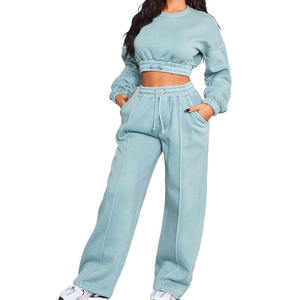 Tenues personnalisées 2 pièces Survêtements pour femmes Sweat-shirt court à manches longues 100% coton Baggy Jogger Ensemble de pantalons de survêtement Dames Sweatuit - Product Image 1