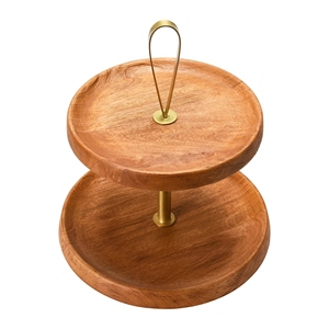Support à gâteau en bois à 2 étages avec base en métal doré, plateau de service en bois d'acacia pour pâtisserie, fruits, cupcakes - Product Image 3