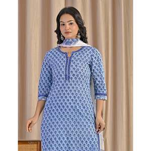 Conjunto de Kurta y Pantalón de Algodón Azul Claro con Estampado a Mano, Estilo Casual, Ropa India Hecha a Mano - Product Image 1