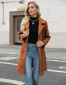 Veste de moto d'été pour femme, mi-longue, en laine mélangée, unie, respirante, épaisse, couleur camel, à double boutonnage, col à revers, chaude - Product Image 3