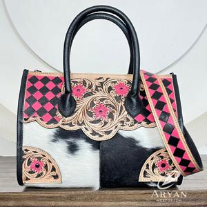 Sac fourre-tout en cuir à carreaux rose et noir, fait main, tendance 2026, sac à main en cuir de vachette de qualité supérieure, sac bandoulière pour femmes - Product Image 1