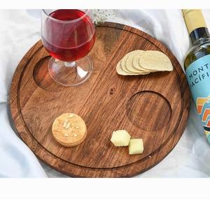 Plateau de service en bois d'acacia naturel Planche ronde en bois de charcuterie Planche en bois biologique avec support en verre pour aliments et boissons - Product Image 3