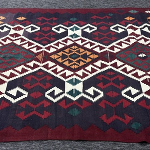 Vintage Turkish Kilim Area Rug 6x8.7 ft, <b>Red</b> Geometric Rug <b>Wool</b> - Product Image 5