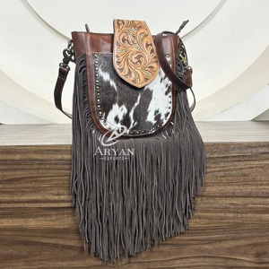 Women's Cowhide Leather Fringe Crossbody Bags Hand Tooled Flap Card Slots Zippered Pockets Adjustable Strap Shoulder Handbags - Product Image 1