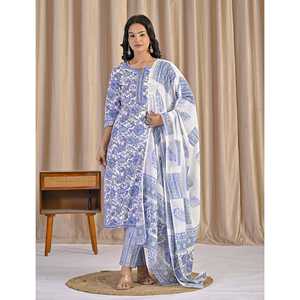 Conjunto de Kurta y Pantalón de Algodón Blanco Étnico, Traje Anarkali con Estampado a Bloque Hecho a Mano para Fiestas y Ocasiones Especiales, Hecho con Tela de Red - Product Image 4