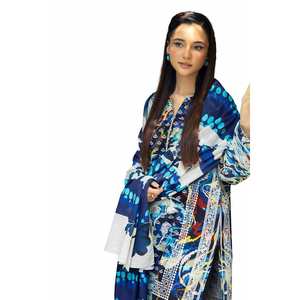 Conjunto de traje Khaddar azul de 3 piezas sin coser con estampado para mujer - Product Image 5