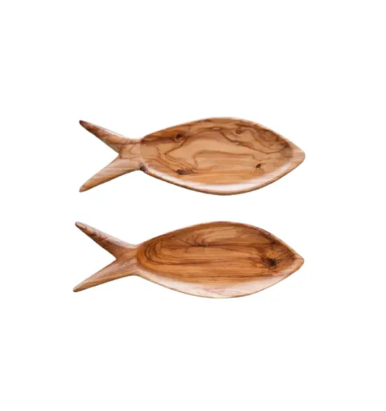 Set Of 2 Fish Shape Pure Wood Kitchenware Food Serving Plate and Tray Finest Quality Customized Size Pure Solid Platter