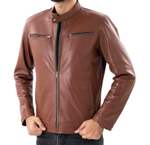 เสื้อแจ็กเก็ตหนังแกะแท้แบบพอดีตัวมีซิปด้านหน้าทรงสลิมฟิตสำหรับฤดูหนาวเนื้อผ้าซาตินระบายอากาศได้ดี - Product Image 4