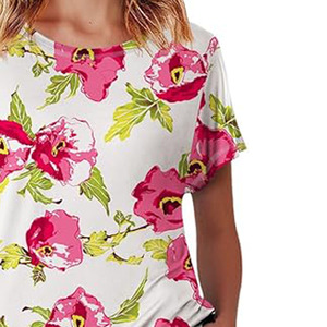 Conjunto de pijama de manga corta con estampado floral para mujer, ropa de dormir de algodón suave con Bolsillos y logotipo personalizado - Product Image 2