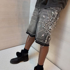 Pantalones cortos holgados lavados de mezclilla bordados para hombre personalizados 2025, ropa de calle, nuevos pantalones bordados con decoración de patrón sólido - Product Image 4